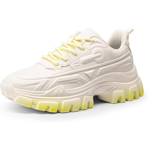 Shoes - DREAM PAIRS Women Size 8 Chunky White Yellow Fashion Sneakers Lace Up Shoes